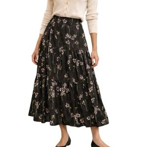 Lauren Ralph Lauren Black Floral Tiered Maxi Skirt Purple Flowers Size 16